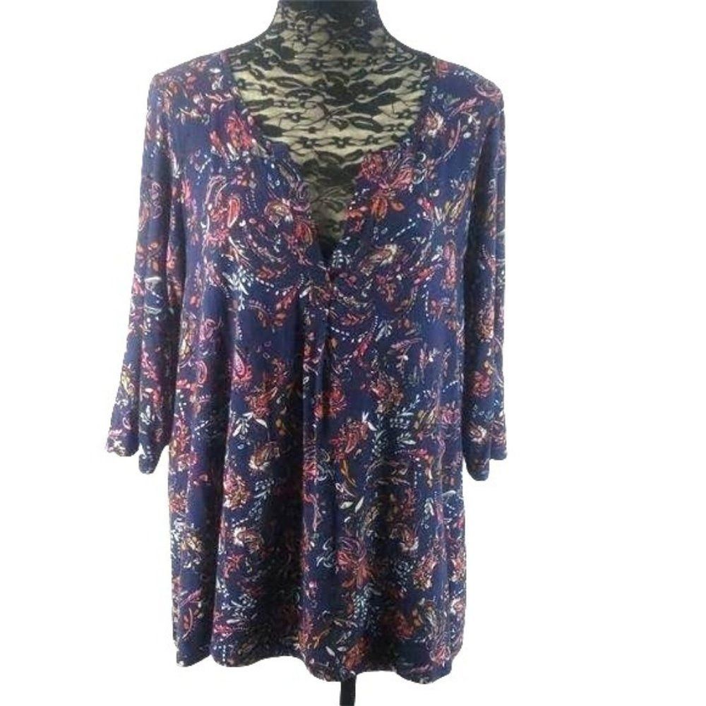 Cynthia Rowley Woman Navy Blue Paisley Split V-Neck 3/4 Sleeve Tunic Top 1X